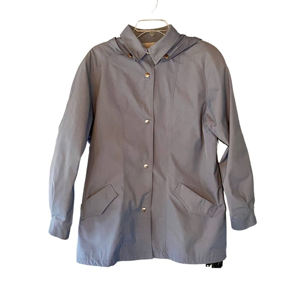 Vintage London Fog Jacket 14 Regular Women's Snap Front Hood Lining Blue Gray